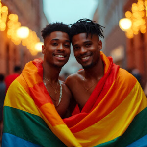 AI-generated Pride celebration art handsome men at vibrant LGBTQ+ Pride parades, embellished with rainbow colors, walking with pride, and celebrating love. By Jeff Dupler.