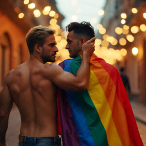 AI-generated Pride celebration art handsome men at vibrant LGBTQ+ Pride parades, embellished with rainbow colors, walking with pride, and celebrating love. By Jeff Dupler.