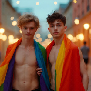 AI-generated Pride celebration art — handsome men at vibrant LGBTQ+ Pride parades, embellished with rainbow colors, walking with pride, and celebrating love. By Jeff Dupler.