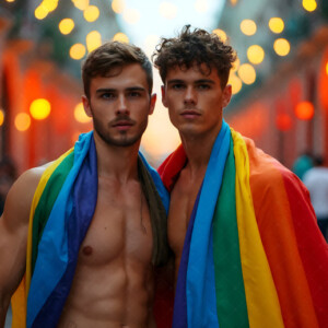 AI-generated Pride celebration art handsome men at vibrant LGBTQ+ Pride parades, embellished with rainbow colors, walking with pride, and celebrating love. By Jeff Dupler.