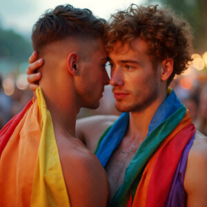 AI-generated Pride celebration art handsome men at vibrant LGBTQ+ Pride parades, embellished with rainbow colors, walking with pride, and celebrating love. By Jeff Dupler.