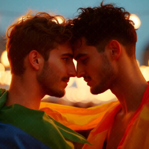 AI-generated Pride celebration art handsome men at vibrant LGBTQ+ Pride parades, embellished with rainbow colors, walking with pride, and celebrating love. By Jeff Dupler.