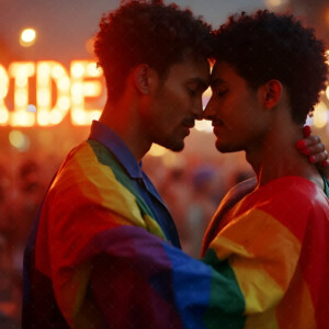 AI-generated Pride celebration art handsome men at vibrant LGBTQ+ Pride parades, embellished with rainbow colors, walking with pride, and celebrating love. By Jeff Dupler.