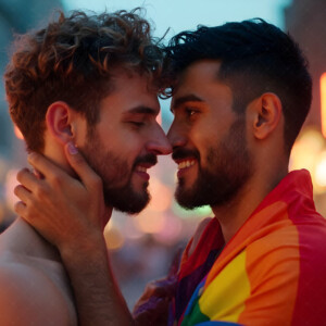AI-generated Pride celebration art handsome men at vibrant LGBTQ+ Pride parades, embellished with rainbow colors, walking with pride, and celebrating love. By Jeff Dupler.