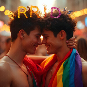 AI-generated Pride celebration art handsome men at vibrant LGBTQ+ Pride parades, embellished with rainbow colors, walking with pride, and celebrating love. By Jeff Dupler.
