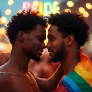 AI-generated Pride celebration art handsome men at vibrant LGBTQ+ Pride parades, embellished with rainbow colors, walking with pride, and celebrating love. By Jeff Dupler.