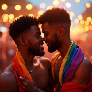 AI-generated Pride celebration art handsome men at vibrant LGBTQ+ Pride parades, embellished with rainbow colors, walking with pride, and celebrating love. By Jeff Dupler.