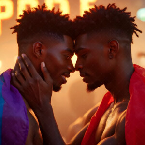 AI-generated Pride celebration art handsome men at vibrant LGBTQ+ Pride parades, embellished with rainbow colors, walking with pride, and celebrating love. By Jeff Dupler.