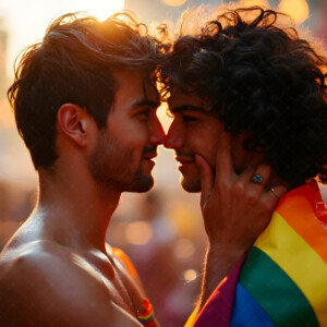 AI-generated Pride celebration art handsome men at vibrant LGBTQ+ Pride parades, embellished with rainbow colors, walking with pride, and celebrating love. By Jeff Dupler.
