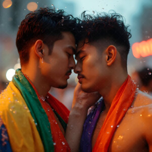 AI-generated Pride celebration art handsome men at vibrant LGBTQ+ Pride parades, embellished with rainbow colors, walking with pride, and celebrating love. By Jeff Dupler.