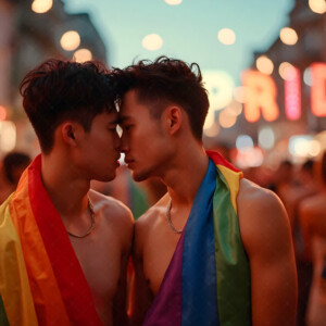 AI-generated Pride celebration art handsome men at vibrant LGBTQ+ Pride parades, embellished with rainbow colors, walking with pride, and celebrating love. By Jeff Dupler.