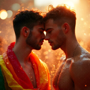 AI-generated Pride celebration art handsome men at vibrant LGBTQ+ Pride parades, embellished with rainbow colors, walking with pride, and celebrating love. By Jeff Dupler.
