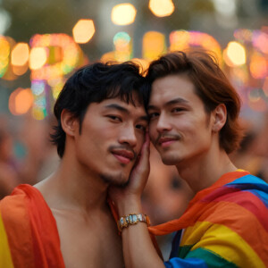 AI-generated Pride celebration art handsome men at vibrant LGBTQ+ Pride parades, embellished with rainbow colors, walking with pride, and celebrating love. By Jeff Dupler.