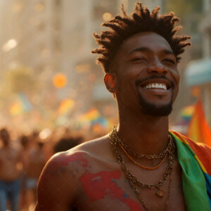 AI-generated Pride celebration art handsome men at vibrant LGBTQ+ Pride parades, embellished with rainbow colors, walking with pride, and celebrating love. By Jeff Dupler.