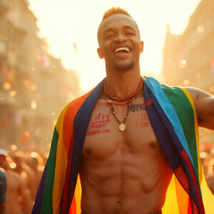 AI-generated Pride celebration art handsome men at vibrant LGBTQ+ Pride parades, embellished with rainbow colors, walking with pride, and celebrating love. By Jeff Dupler.