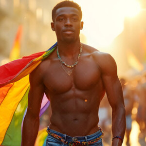 AI-generated Pride celebration art handsome men at vibrant LGBTQ+ Pride parades, embellished with rainbow colors, walking with pride, and celebrating love. By Jeff Dupler.