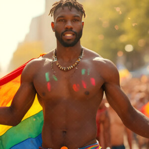 AI-generated Pride celebration art handsome men at vibrant LGBTQ+ Pride parades, embellished with rainbow colors, walking with pride, and celebrating love. By Jeff Dupler.