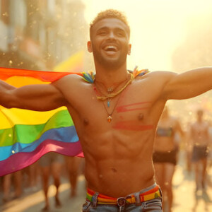 AI-generated Pride celebration art handsome men at vibrant LGBTQ+ Pride parades, embellished with rainbow colors, walking with pride, and celebrating love. By Jeff Dupler.