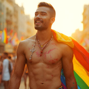 AI-generated Pride celebration art handsome men at vibrant LGBTQ+ Pride parades, embellished with rainbow colors, walking with pride, and celebrating love. By Jeff Dupler.