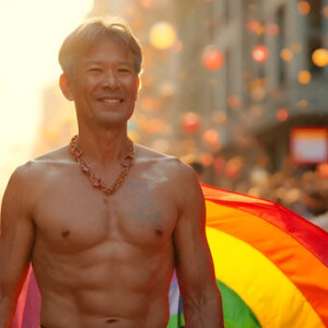 AI-generated Pride celebration art handsome men at vibrant LGBTQ+ Pride parades, embellished with rainbow colors, walking with pride, and celebrating love. By Jeff Dupler.