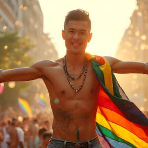 AI-generated Pride celebration art handsome men at vibrant LGBTQ+ Pride parades, embellished with rainbow colors, walking with pride, and celebrating love. By Jeff Dupler.