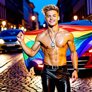 AI-generated Pride celebration art handsome men at vibrant LGBTQ+ Pride parades, embellished with rainbow colors, walking with pride, and celebrating love. By Jeff Dupler.