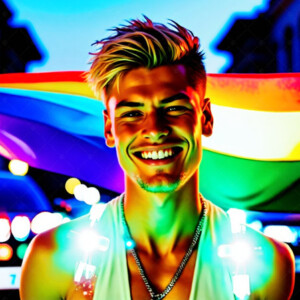 AI-generated Pride celebration art handsome men at vibrant LGBTQ+ Pride parades, embellished with rainbow colors, walking with pride, and celebrating love. By Jeff Dupler.