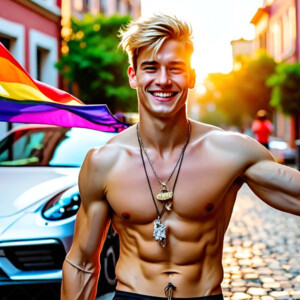 AI-generated Pride celebration art handsome men at vibrant LGBTQ+ Pride parades, embellished with rainbow colors, walking with pride, and celebrating love. By Jeff Dupler.