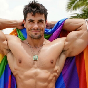 AI-generated Pride celebration art handsome men at vibrant LGBTQ+ Pride parades, embellished with rainbow colors, walking with pride, and celebrating love. By Jeff Dupler.