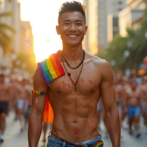 AI-generated Pride celebration art handsome men at vibrant LGBTQ+ Pride parades, embellished with rainbow colors, walking with pride, and celebrating love. By Jeff Dupler.