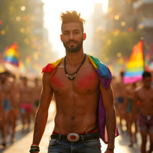 AI-generated Pride celebration art handsome men at vibrant LGBTQ+ Pride parades, embellished with rainbow colors, walking with pride, and celebrating love. By Jeff Dupler.