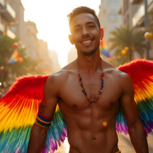 AI-generated Pride celebration art handsome men at vibrant LGBTQ+ Pride parades, embellished with rainbow colors, walking with pride, and celebrating love. By Jeff Dupler.