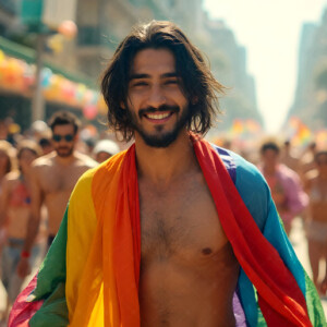 AI-generated Pride celebration art handsome men at vibrant LGBTQ+ Pride parades, embellished with rainbow colors, walking with pride, and celebrating love. By Jeff Dupler.