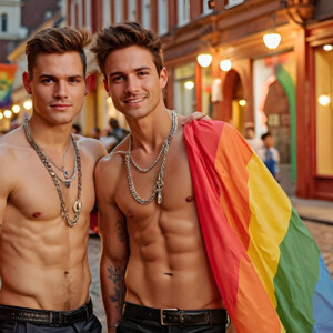 AI-generated Pride celebration art handsome men at vibrant LGBTQ+ Pride parades, embellished with rainbow colors, walking with pride, and celebrating love. By Jeff Dupler.