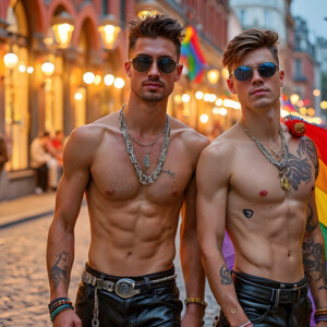 AI-generated Pride celebration art handsome men at vibrant LGBTQ+ Pride parades, embellished with rainbow colors, walking with pride, and celebrating love. By Jeff Dupler.