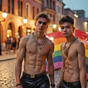 AI-generated Pride celebration art handsome men at vibrant LGBTQ+ Pride parades, embellished with rainbow colors, walking with pride, and celebrating love. By Jeff Dupler.