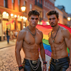 AI-generated Pride celebration art handsome men at vibrant LGBTQ+ Pride parades, embellished with rainbow colors, walking with pride, and celebrating love. By Jeff Dupler.