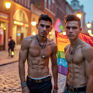 AI-generated Pride celebration art handsome men at vibrant LGBTQ+ Pride parades, embellished with rainbow colors, walking with pride, and celebrating love. By Jeff Dupler.