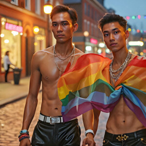 AI-generated Pride celebration art handsome men at vibrant LGBTQ+ Pride parades, embellished with rainbow colors, walking with pride, and celebrating love. By Jeff Dupler.