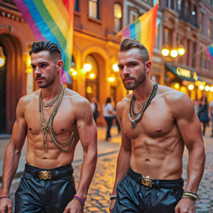 AI-generated Pride celebration art handsome men at vibrant LGBTQ+ Pride parades, embellished with rainbow colors, walking with pride, and celebrating love. By Jeff Dupler.