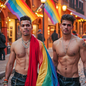 AI-generated Pride celebration art handsome men at vibrant LGBTQ+ Pride parades, embellished with rainbow colors, walking with pride, and celebrating love. By Jeff Dupler.