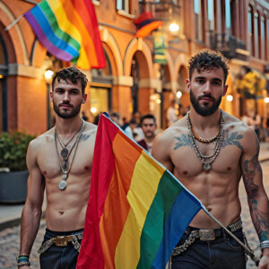 AI-generated Pride celebration art handsome men at vibrant LGBTQ+ Pride parades, embellished with rainbow colors, walking with pride, and celebrating love. By Jeff Dupler.