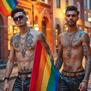 AI-generated Pride celebration art handsome men at vibrant LGBTQ+ Pride parades, embellished with rainbow colors, walking with pride, and celebrating love. By Jeff Dupler.