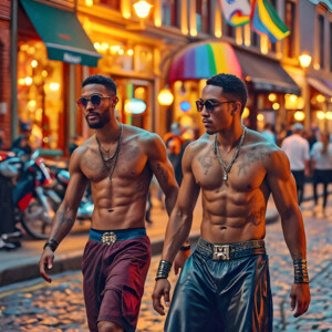 AI-generated Pride celebration art handsome men at vibrant LGBTQ+ Pride parades, embellished with rainbow colors, walking with pride, and celebrating love. By Jeff Dupler.