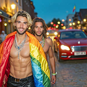 AI-generated Pride celebration art handsome men at vibrant LGBTQ+ Pride parades, embellished with rainbow colors, walking with pride, and celebrating love. By Jeff Dupler.