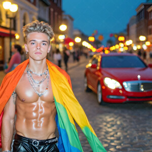 AI-generated Pride celebration art handsome men at vibrant LGBTQ+ Pride parades, embellished with rainbow colors, walking with pride, and celebrating love. By Jeff Dupler.