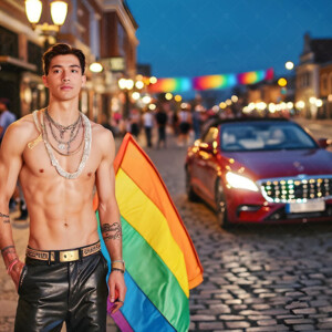 AI-generated Pride celebration art handsome men at vibrant LGBTQ+ Pride parades, embellished with rainbow colors, walking with pride, and celebrating love. By Jeff Dupler.