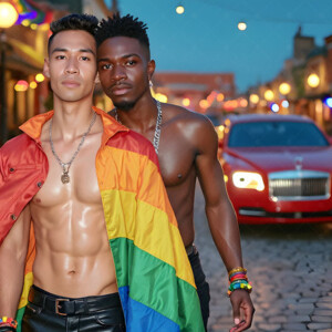 AI-generated Pride celebration art handsome men at vibrant LGBTQ+ Pride parades, embellished with rainbow colors, walking with pride, and celebrating love. By Jeff Dupler.
