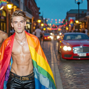 AI-generated Pride celebration art handsome men at vibrant LGBTQ+ Pride parades, embellished with rainbow colors, walking with pride, and celebrating love. By Jeff Dupler.
