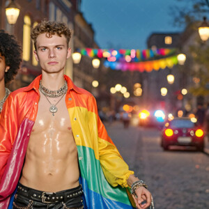 AI-generated Pride celebration art handsome men at vibrant LGBTQ+ Pride parades, embellished with rainbow colors, walking with pride, and celebrating love. By Jeff Dupler.
